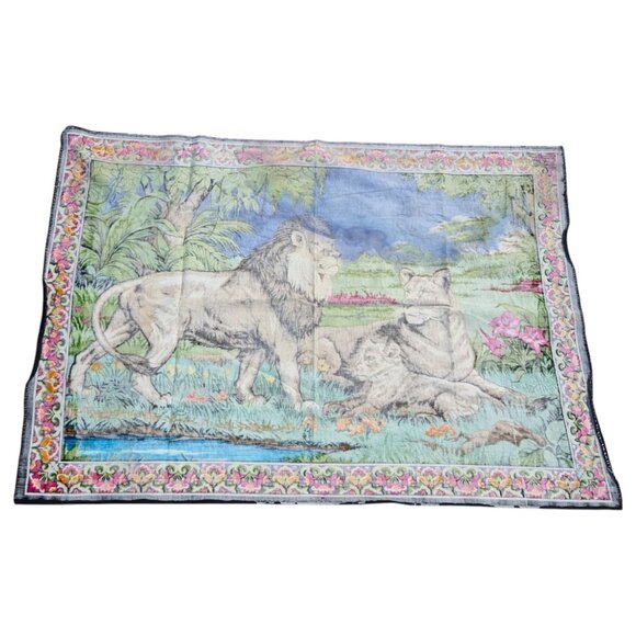 Vintage Tapestry Wall Hanging Lion In A Jungle 54" x 38" - Picture 6 of 9